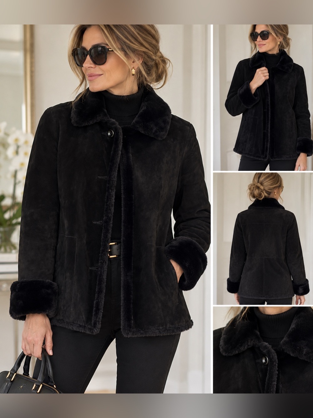 Brooks Brothers 346 Black Suede Faux Fur Lined Jacket Coat XS